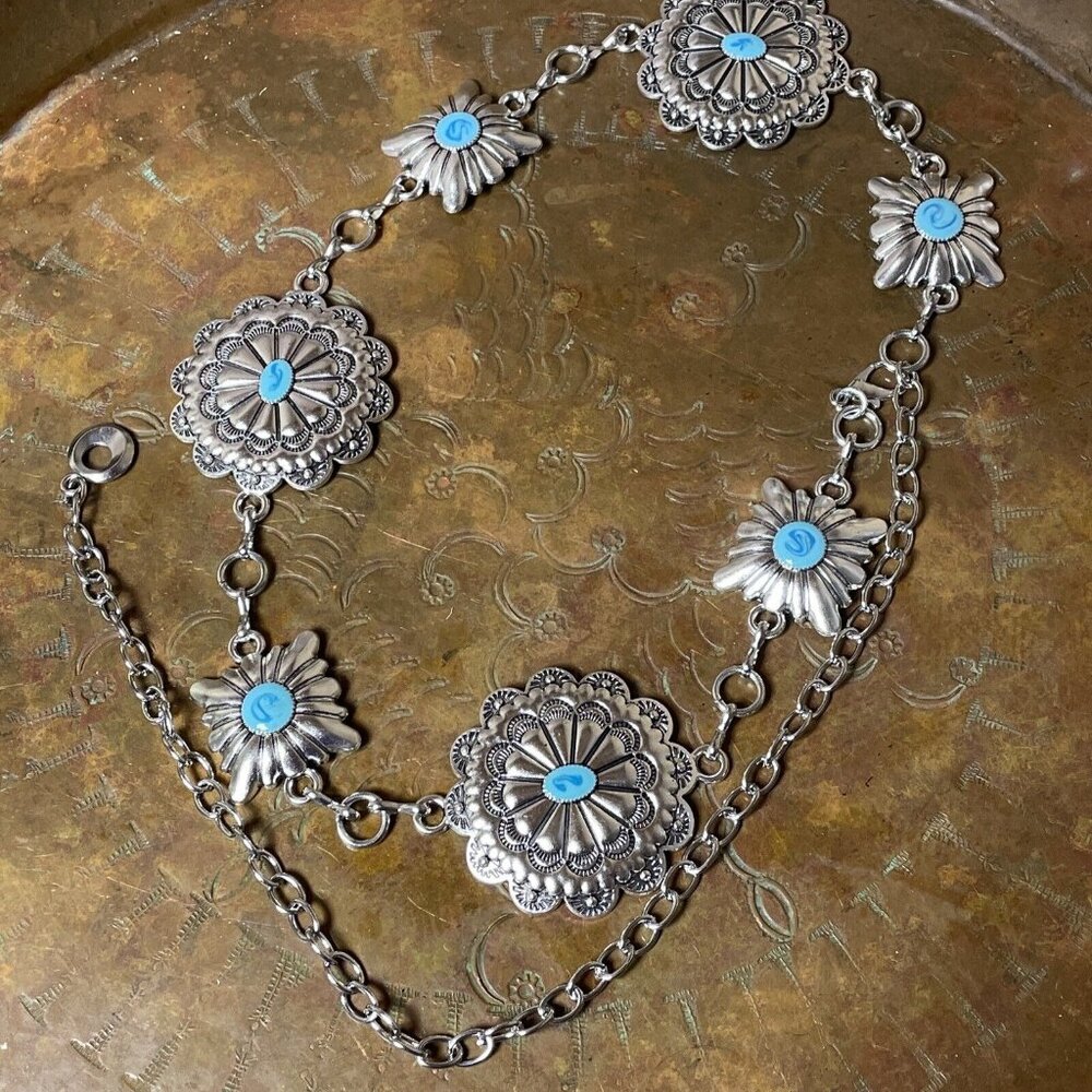 Spring Boho EASTER Gift Southwest Silver Chain belt adjustable 48” Turquoise